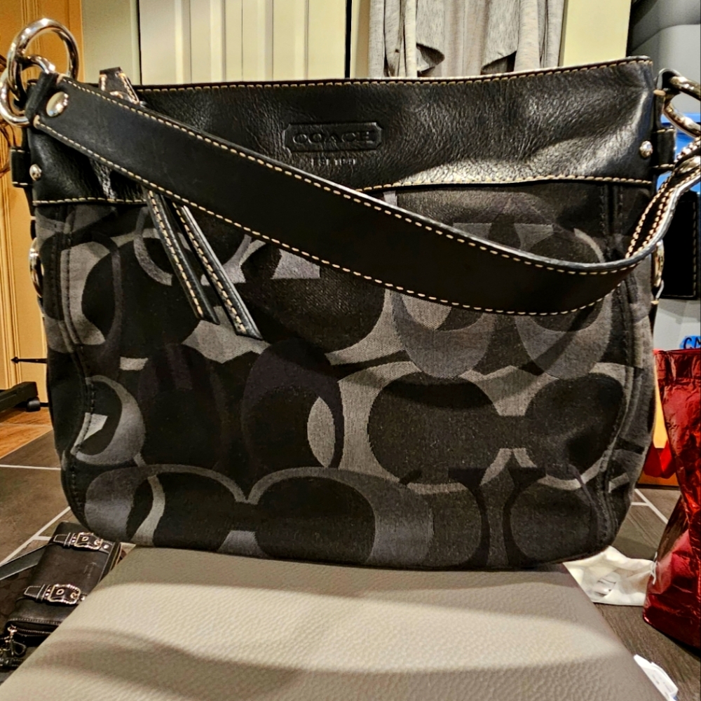 COACH Zoe Signature Black Canvas Hobo Shoulder Bag with Black Leather Trim